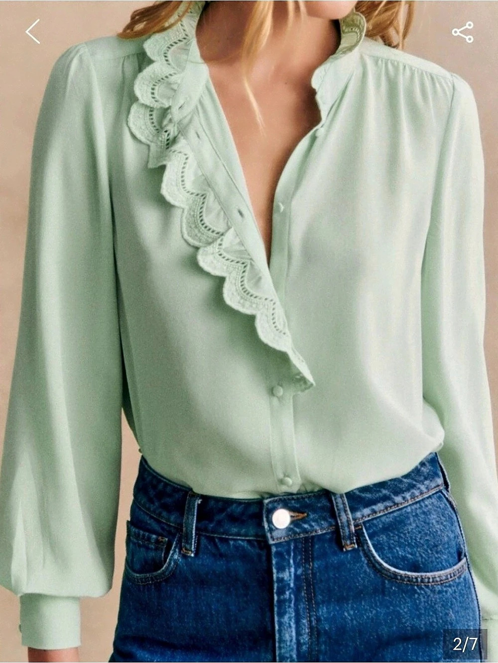 Sézane Chlo Shirt Lace Trim Blouse in pale Green silk Like New